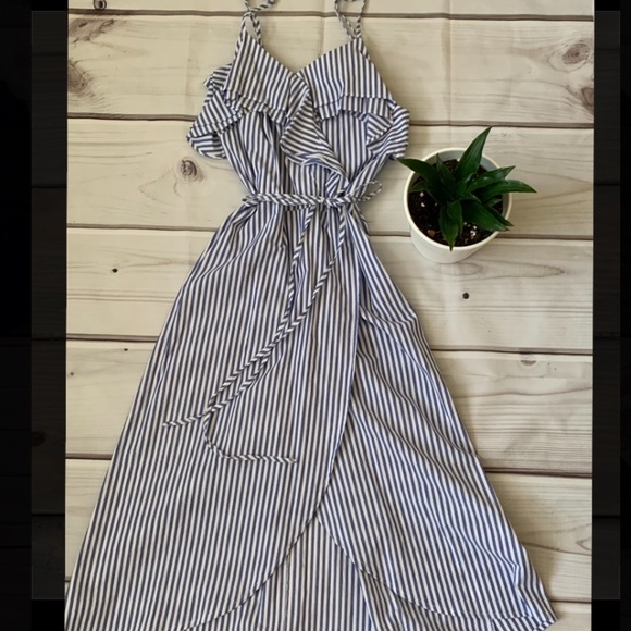 Blue & White Striped Dress with Ruffles - Picture 1 of 5